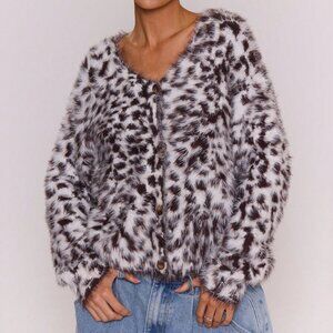 Multicolor Casual Women's Dalmatian Pattern Button Up Fluffy Knit Cardigan